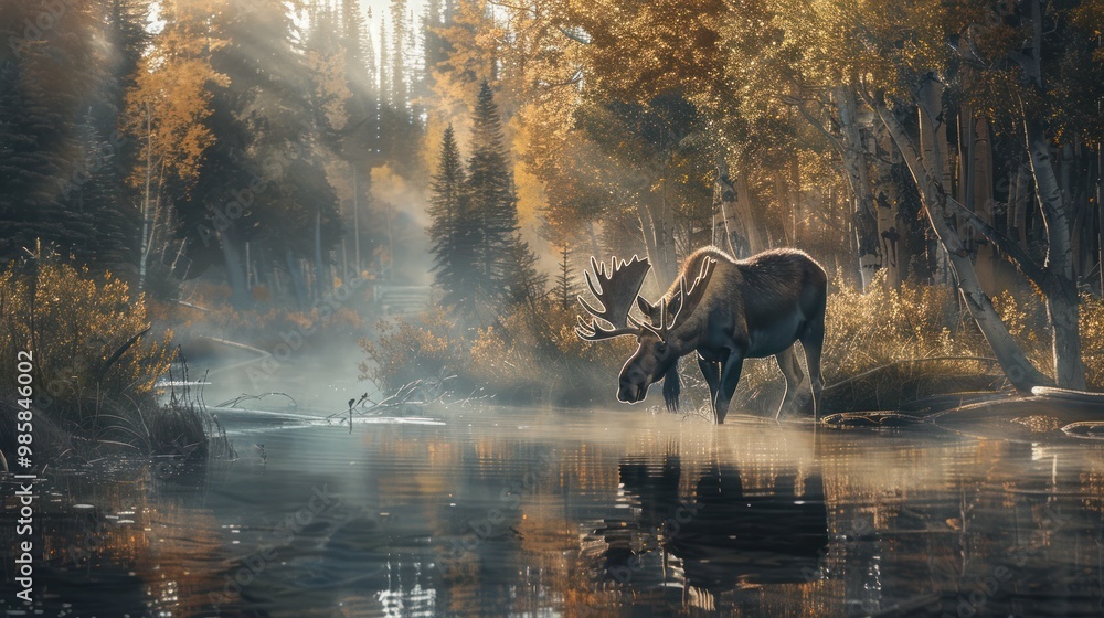 Poster Moose in a Misty Forest