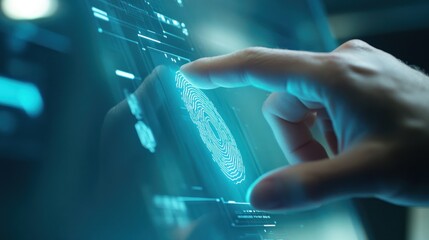 Futuristic close-up of a human hand using biometric fingerprint scanning technology on a transparent digital screen in a high-tech office environment