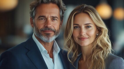 Fototapeta premium corporate power duo confident mature businessman and businesswoman standing tall in sleek office panoramic city view modern decor air of success and partnership