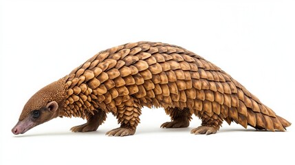 Fototapeta premium A ten-month-old Chinese pangolin (Manis pentadactyla) isolated against a white background. Pangolins are unique mammals known for their large, protective scales