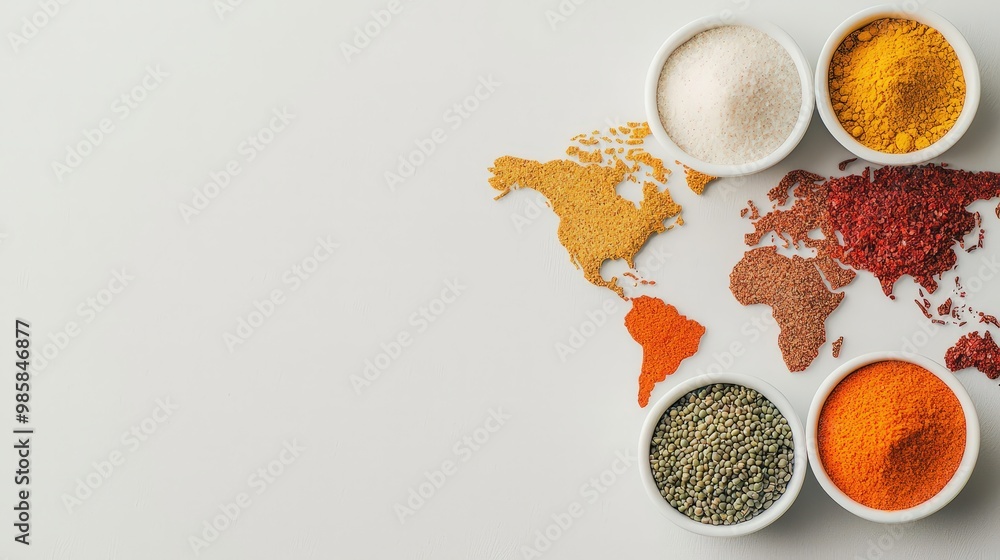 Poster spices arranged in the shape of a world map on a white background.