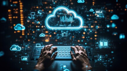 Hands typing on a keyboard with a holographic display of cloud computing icons and data analytics in the background