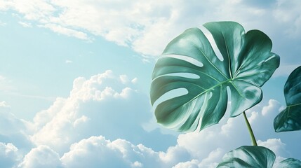 Tropical leaf with a blue sky and white clouds background.