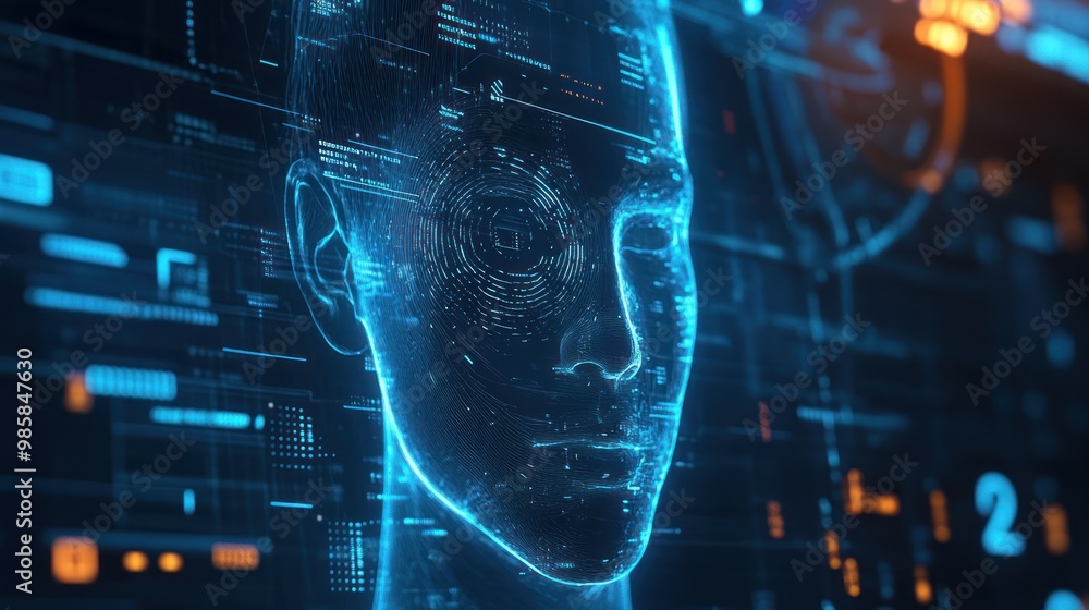 Poster high-tech interface showing biometric data analysis, with digital fingerprints and facial recognitio