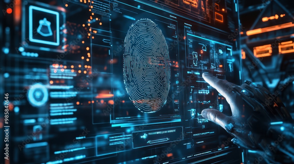 Poster high-tech interface showing biometric data analysis, with digital fingerprints and facial recognitio
