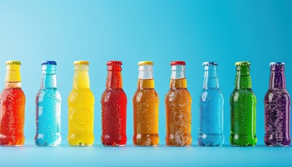 Colorful soda bottles lineup on blue background