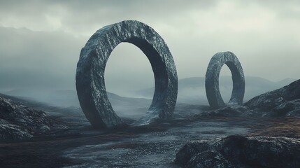 Fototapeta premium Two Stone Rings in a Foggy Landscape