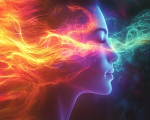A vibrant portrait showcasing the interplay of colorful flames and ethereal smoke around a serene female figure.