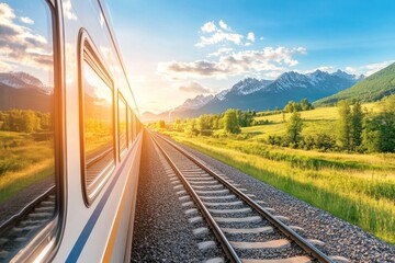 A scenic view of a train traveling through lush landscapes with mountains in the background, capturing nature's beauty at sunset.