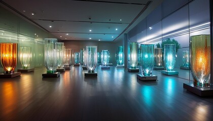 Illuminated glass sculptures in a gallery.