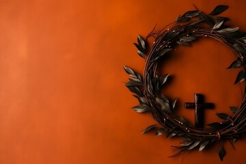 Happy good friday celebration concept with crown of thorns, bible, christian cross and copy space