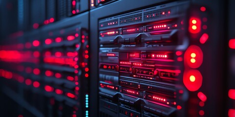 Close-up of a server rack with red lights.
