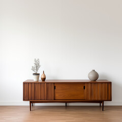 MidCentury Modern Sideboard with Sliding Doors and Vases