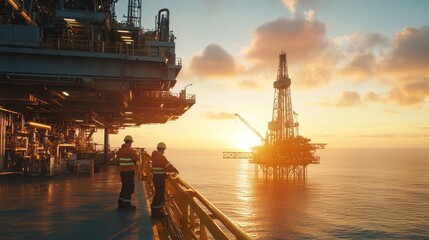Oil rig towering over the ocean at sunrise, with workers in safety gear inspecting machinery, highlighting the scale and complexity of offshore drilling operations