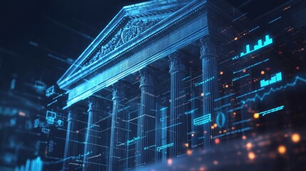 Financial services: A classic bank building with columns, financial symbols, and charts, representing the various financial services offered by banks.