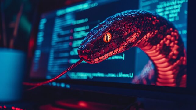 A computer screen displaying python code with a digital snake, symbolizing python programming for data engineering