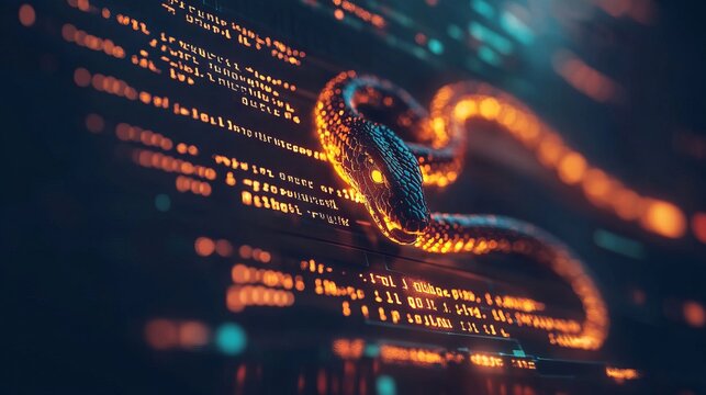 A computer screen displaying python code with a digital snake, symbolizing python programming for data engineering