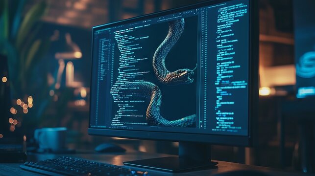 A computer screen displaying python code with a digital snake, symbolizing python programming for data engineering