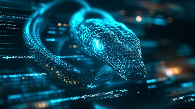 A computer screen displaying python code with a digital snake, symbolizing python programming for data engineering