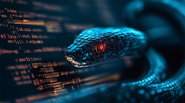 A computer screen displaying python code with a digital snake, symbolizing python programming for data engineering