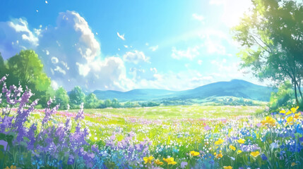 Obraz premium A beautiful field of flowers with a bright blue sky in the background