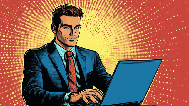 Businessman success working on laptop pop art retro style. Computers and office work. Man and modern technology