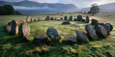 Castlerigg Stone Circle under dark storm clouds on summer solstice eve with Helvellyn Range mountains Keswick Cumbria England
