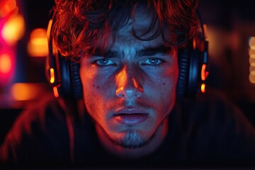 Focused gamer playing online video game wearing headphones