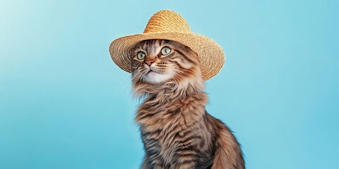 Obraz premium Tabby Cat in a Straw Hat Looking to the Side - Fun Pet Portrait for Animal Enthusiasts