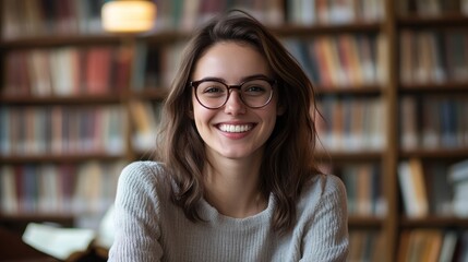 Portrait of a fair-skinned woman with glasses smiling genuinely, sitting at a desk in a well-lit library, bookshelves filled with books in the background