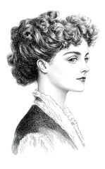 Fototapeta premium Vintage illustration of a lady with short, curly hair on a white background 