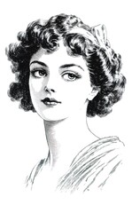 Fototapeta premium Vintage illustration of a lady with short, curly hair on a white background 