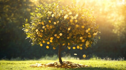 Investment success: A tree with golden coins, symbolizing the rewards and benefits of successful investments.