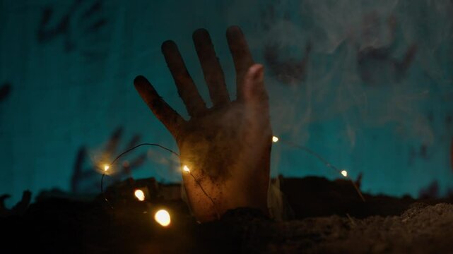 Zombie hand comes out of the ground