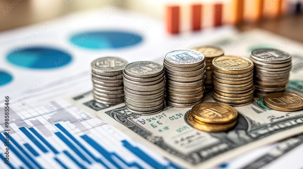 Poster stacks of coins and dollar bills arranged on a desk with financial graphs and reports, symbolizing w