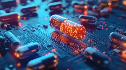 Medical innovation: Digital pills on a circuit board, showcasing the potential of AI to revolutionize healthcare and medicine.
