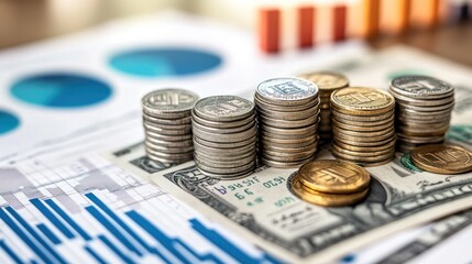Stacks of coins and dollar bills arranged on a desk with financial graphs and reports, symbolizing wealth management and investment strategies