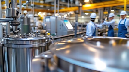 Stainless steel machines blending ingredients in a large food factory with workers monitoring the process
