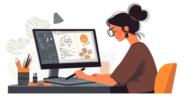 A creative illustrator working on a graphic design project at her computer desk, showcasing artistic tools and digital art.