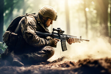 Fototapeta premium The army soldier shoots from a machine gun, kneeling, surrounded