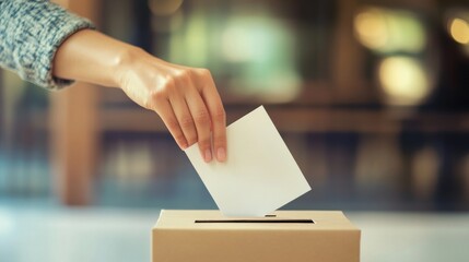 Voting concept showing hand dropping a ballot into a box, representing citizen participation in elections.