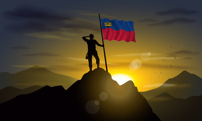 Liechtenstein flag, silhouette of man holding flag on Sunset cliff. Vector Illustrator