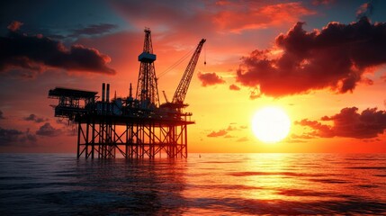 Obraz premium An oil platform stands silhouetted against a dramatic blood-red sunset, creating a moody and atmospheric scene that captures the raw beauty of nature and industrial landscapes.