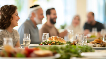 A Thanksgiving dinner where a Jewish family and their Christian and Muslim friends share traditional holiday dishes, blending cultural elements like challah bread, turkey, and Midd