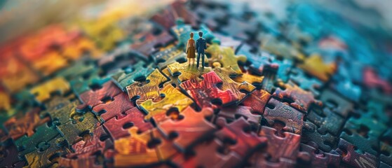 Naklejka premium Two figures standing on a mountain made of colorful puzzle pieces, symbolizing problem-solving and collaboration. Free copy space for banner.