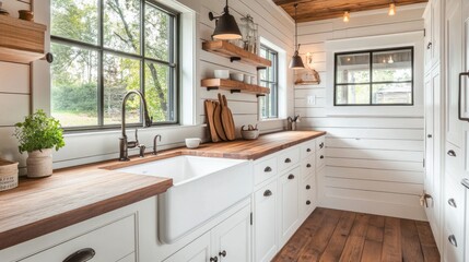 Rustic farmhouse kitchen with shiplap walls, a large apron-front sink, butcher block countertops, and classic wood flooring.