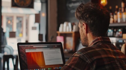 Man Working on Laptop in Cafe