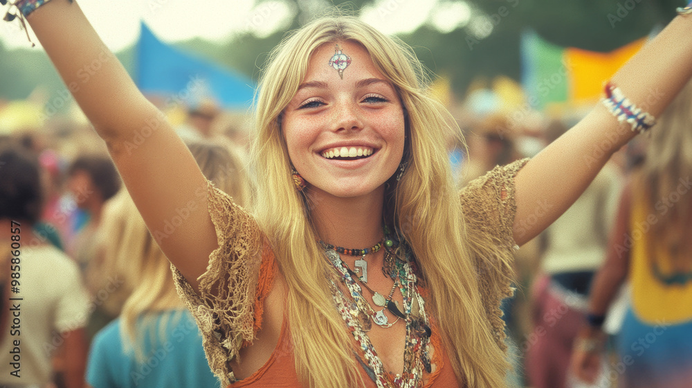 Wall mural Blonde happy hippie girl on music festival.