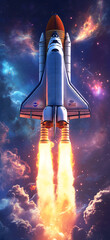 Fototapeta premium A stunning depiction of a spacecraft ascending into space, with vibrant flames and smoke trailing behind, creating an inspiring and dynamic scene perfect for a phone wallpaper. The image captures the 