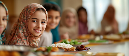 A family celebrating Eid al-Fitr, where Muslim and non-Muslim friends come together to break the fast at the end of Ramadan. Traditional Middle Eastern dishes like lamb, dates, and